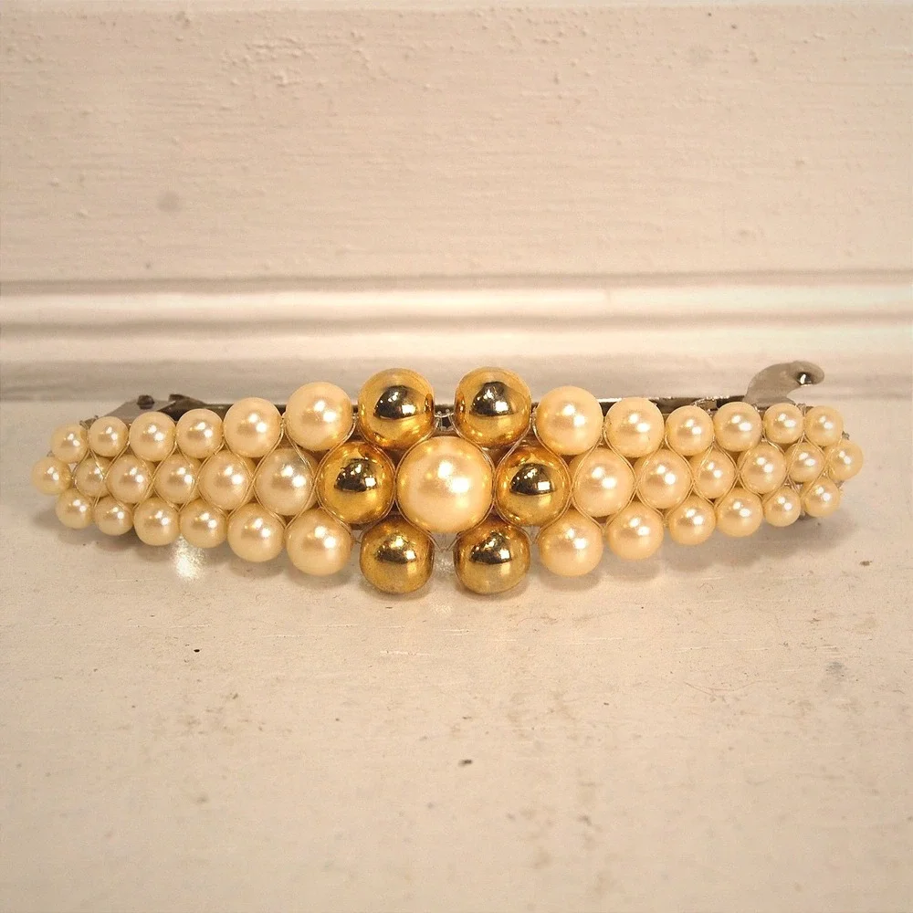 Vintage hair Barrette beaded pearl ivory‎ gold Flower